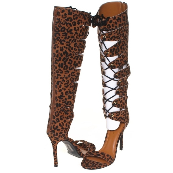 Suede Leopard Lace Up Knee High Heel - Picture 1 of 6